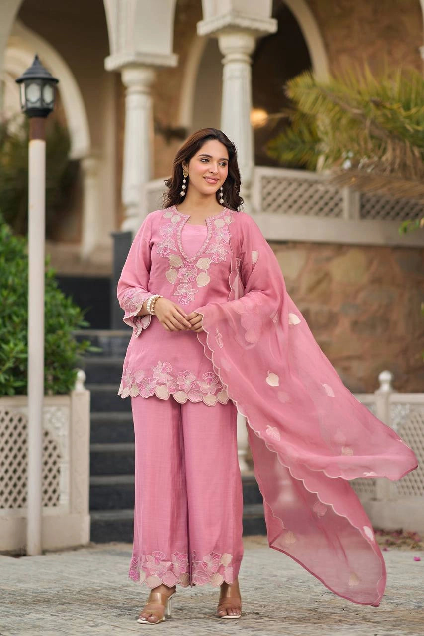 Pink Sequins Embroidered Palazzo Suit model shot 8 – Kalyanja KU301